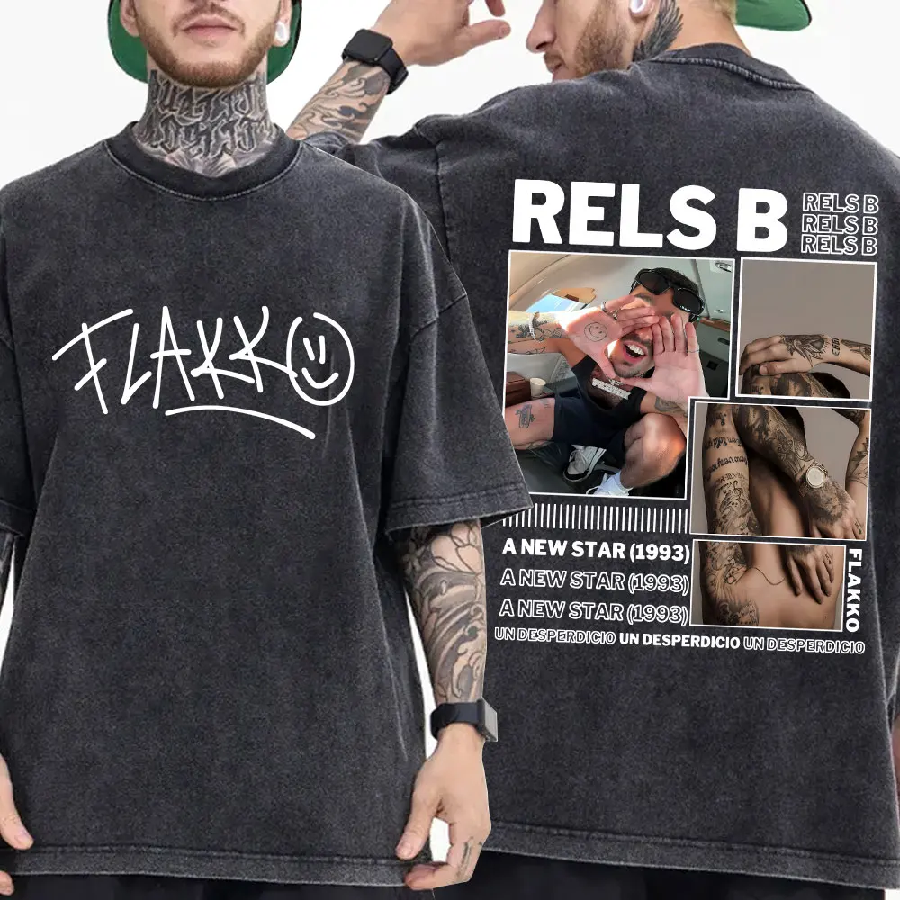 مغني الراب RELS B نحيل Flakk ألبوم خمر غسلها تي شيرت الرجال النساء الملابس موضة الهيب هوب تي شيرت القطن المتضخم تي شيرت