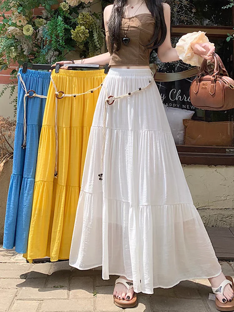 Falda midi bohemia de verano de algodón y lino: falda larga plisada fluida de corte A con diseño adelgazante y que oculta la cadera para vacaciones en resort