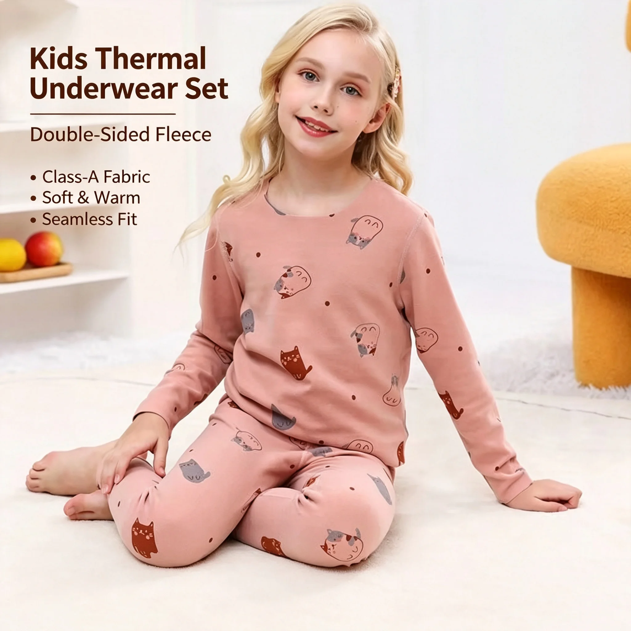 3-14 Years Kids Thermal Underwear Printing 2-Piece Set Dolphin Double-Sided Fleece Top Pants Boys Girls Autumn Winter Homewear
