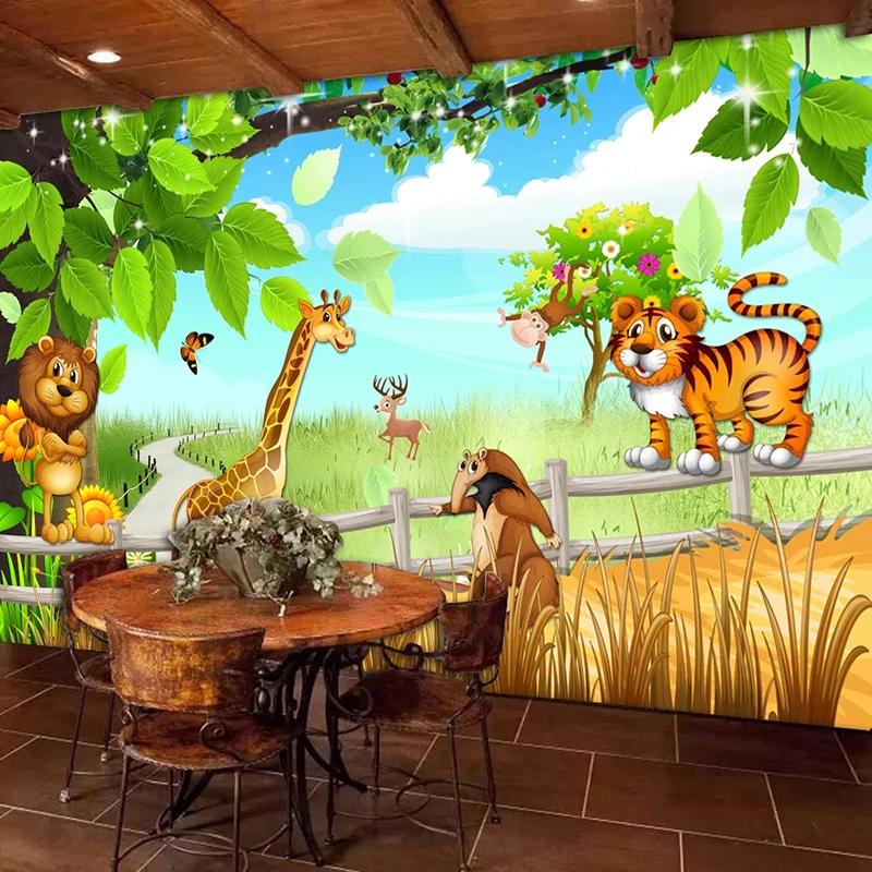 Custom Size 3D Mural Photo Wallpaper Lion Tiger Cartoon Animal Forest Wall Painting for Children Bedroom Backdrop Home Decor