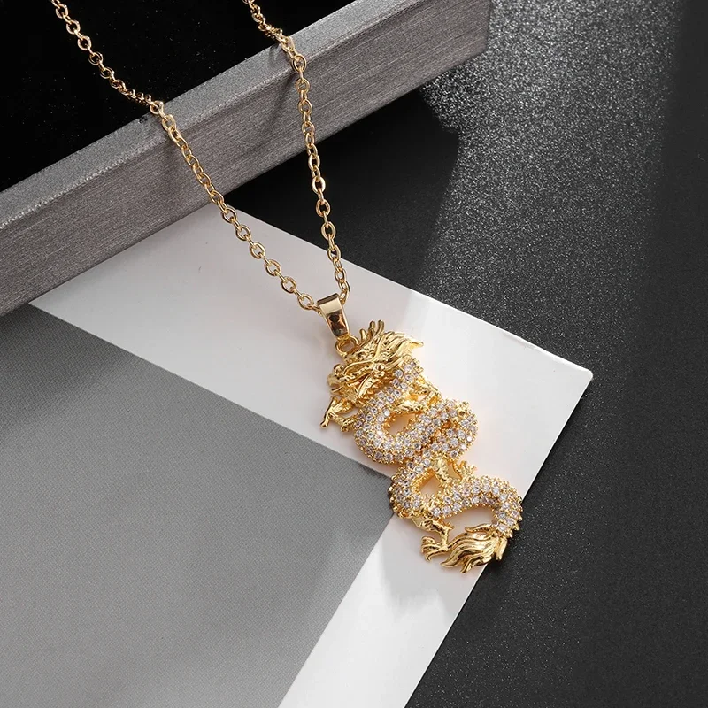 Exquisite Shining Cubic Zirconia Auspicious Dragon Pendant Necklace for Men Women Fashion Lucky Amulet Jewelry Gifts