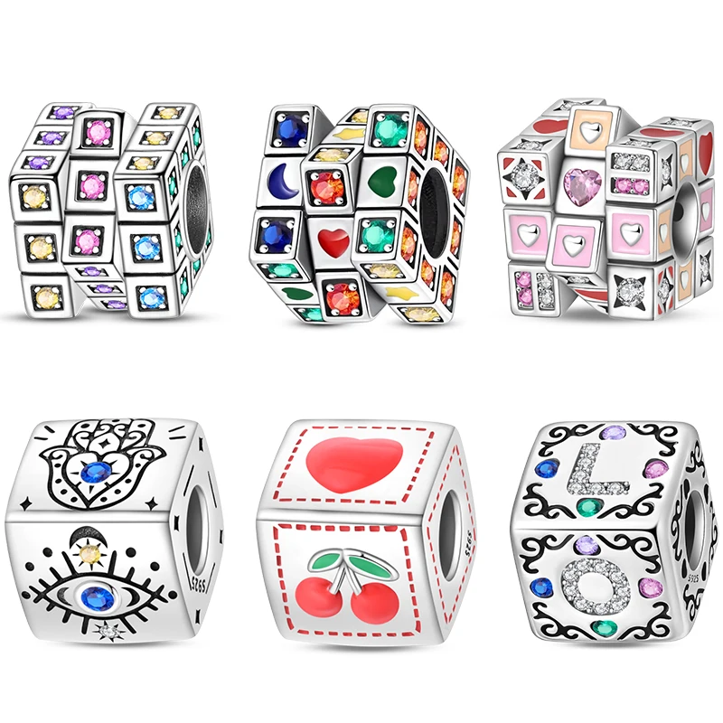Bunter Liebeszauberwürfel-Charm aus 925er-Sterlingsilber, bunte Liebe, passend für Original-Armbänder, Halsketten, feines DIY-Geburtstags-Schmuckzubehör