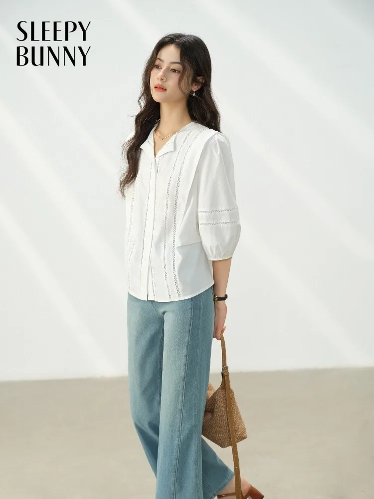 

Женская элегантная блузка с рукавами-фонариками, винтажная рубашка с кружевной отделкой, приталенная, весенняя, для офиса, повседневная, в французском стиле, для деловых встреч