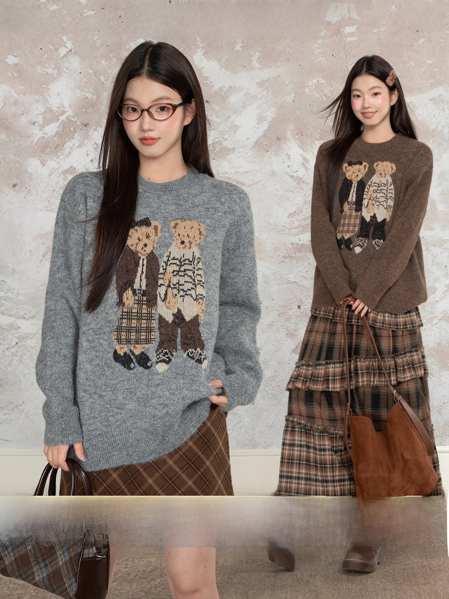 

Вязаный свитер Loveheynew в винтажном стиле с мультяшным медведем, женский свободный пуловер с круглым вырезом, утягивающий топ для осени и зимы, модный