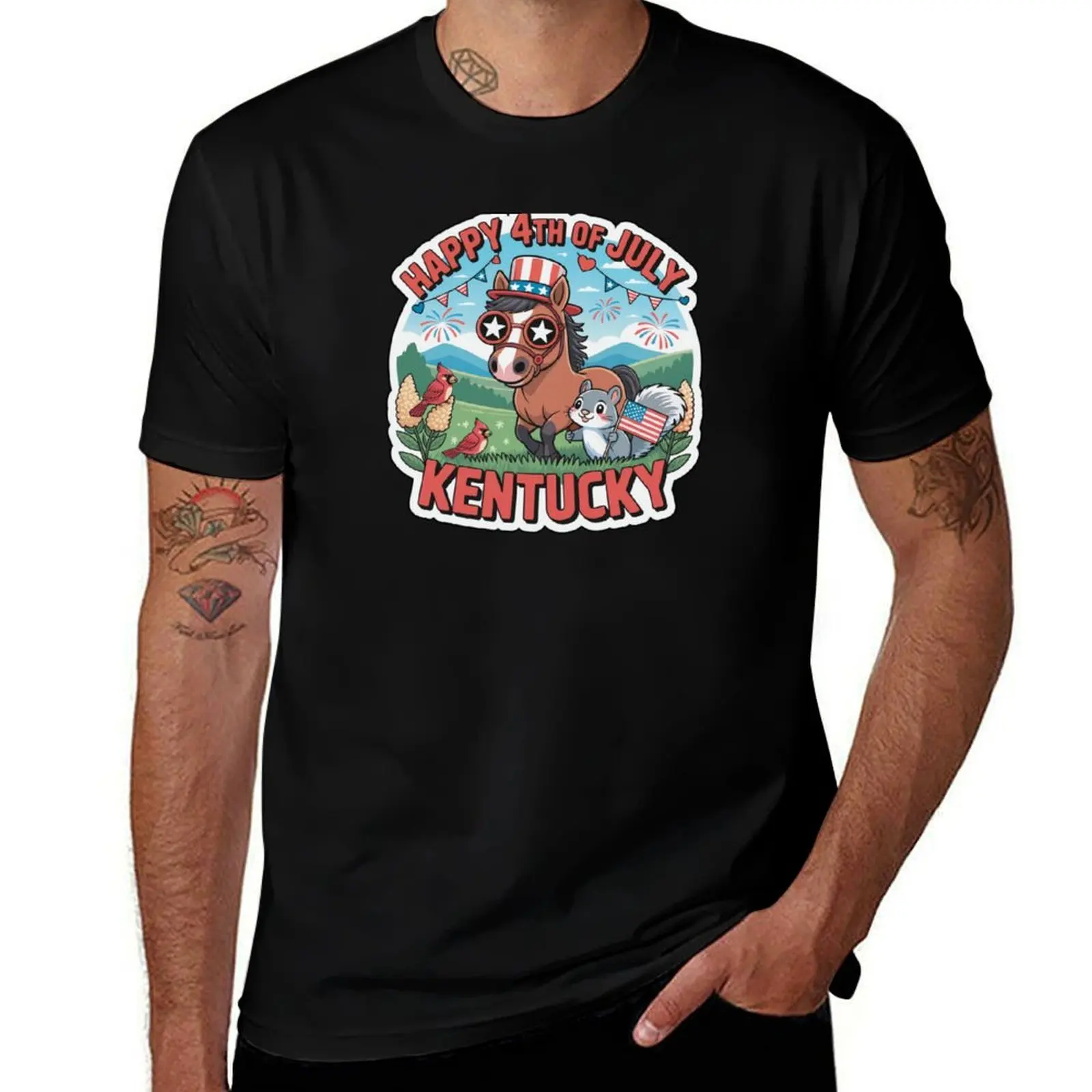 

Cute 4th of July Kentucky Sticker – Kawaii Chibi Horse & Squirrel Patriotic Art T-Shirt Louboutins blue archive anime shirts men