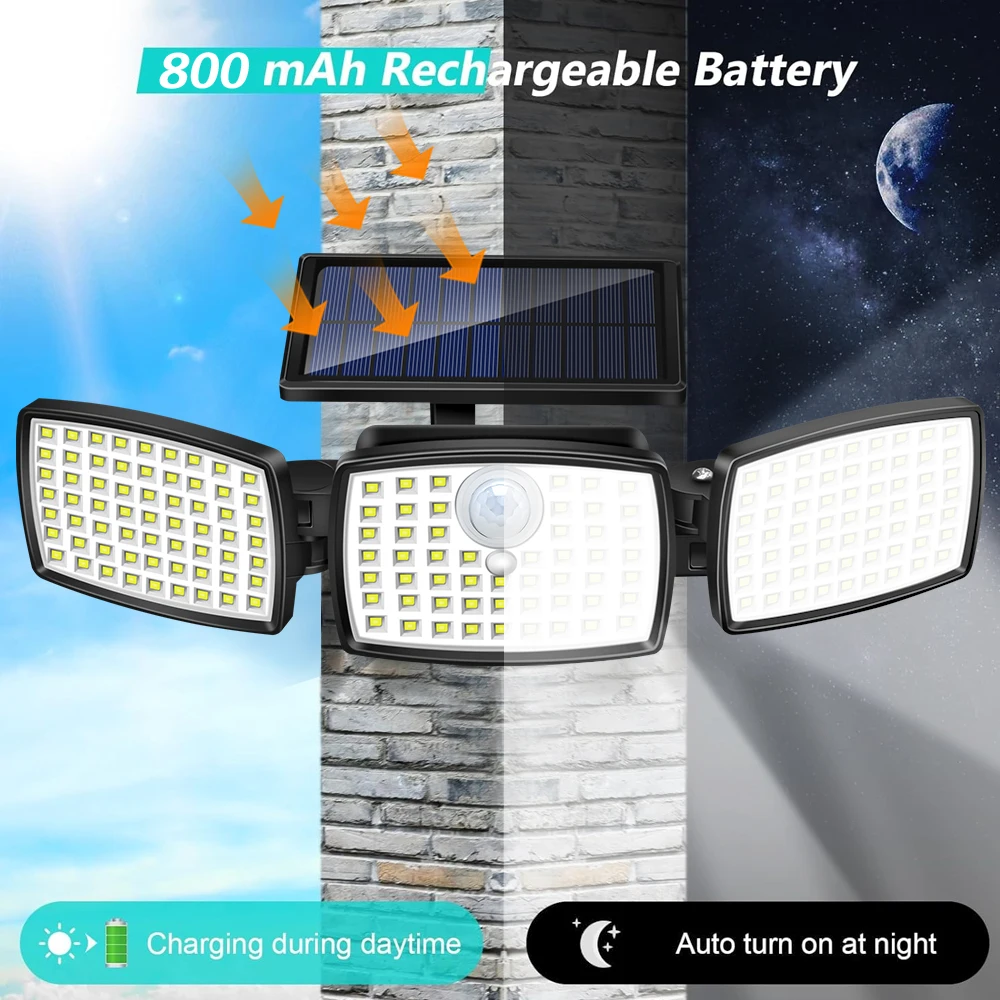 1/2PCS 179 LED Solar Outdoor Lights 3 Heads Motion Sensor with Remote 3 Modes Waterproof Solar Security Wall Lamp for Patio