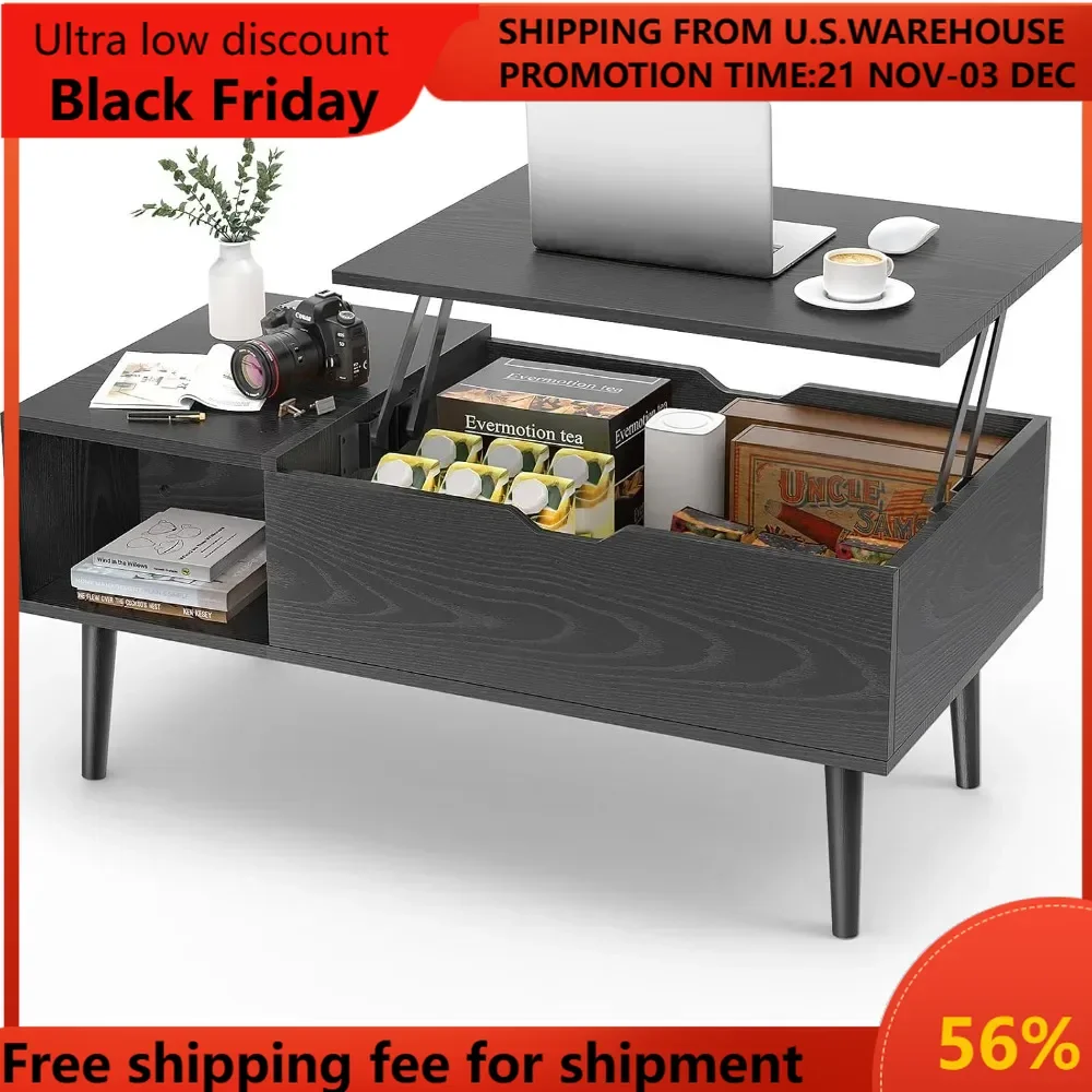 Coffee Table Black, Lift Top Coffee Tables for Living Room, Small Rising Wooden Dining Center Tables with Storage Shelf and