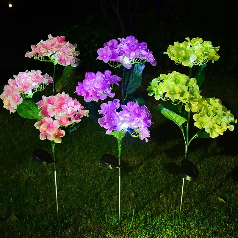 3 Head Hydrangea rose Ground Plug Solar Light Garden Courtyard Lawn Outdoor Artificial Flower LED Decorative Lights Waterproof