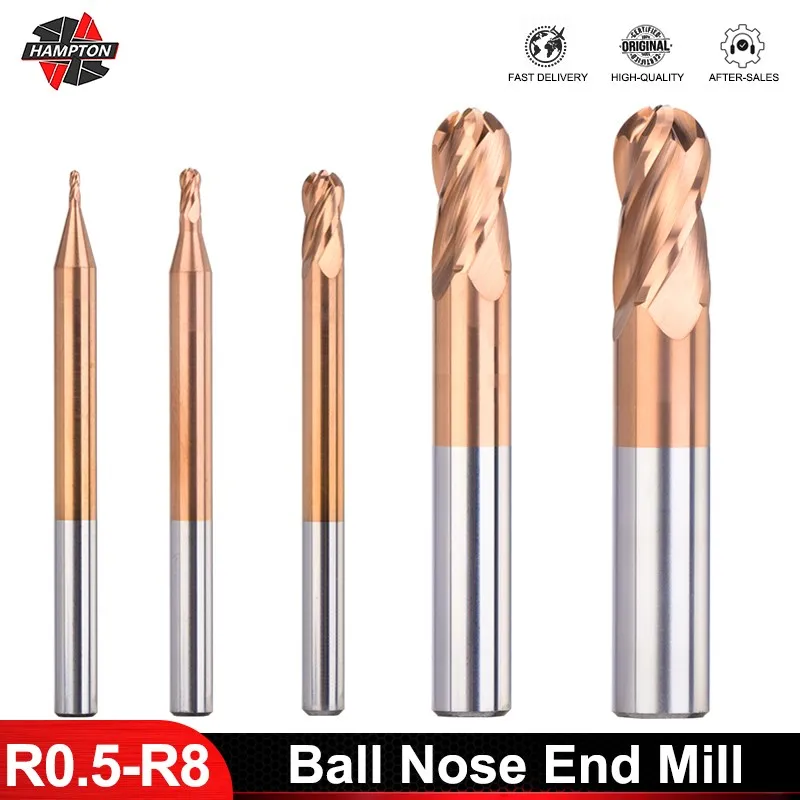 

HAMPTON Ball Nose End Mill 4 Flute Carbide Milling Cutter HRC 50 TiCN Coated CNC Router Bit Spiral Milling Tools R0.5-R8