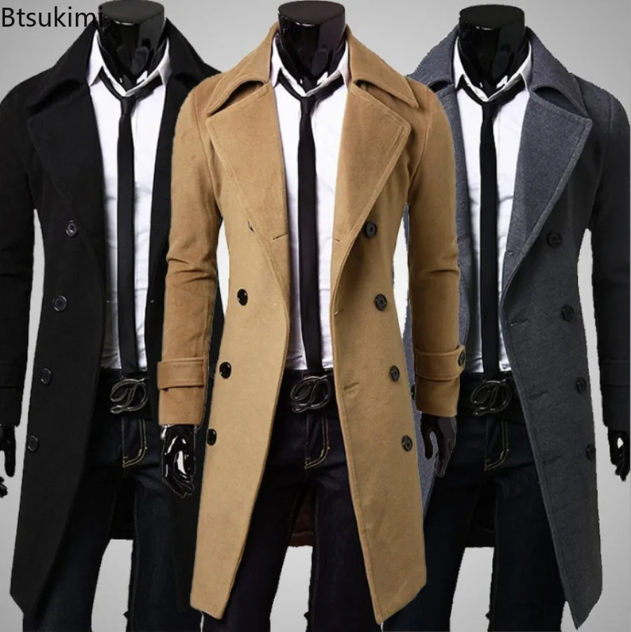 2025 Men's Fashion Long Trench Coat Solid Designer High Quality Double-breasted Jacket Slim Fit Autumn Winter Warm Wool Coat