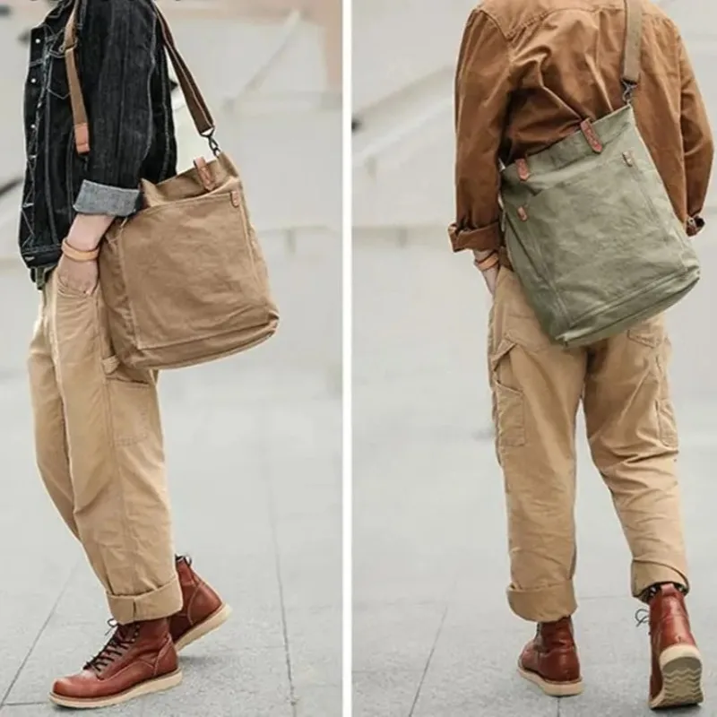 Canvas Leather Tote Bag for Men Vintage Genuine Large Capacity Laptop Crossbody Shoulder Travel Work Handbag