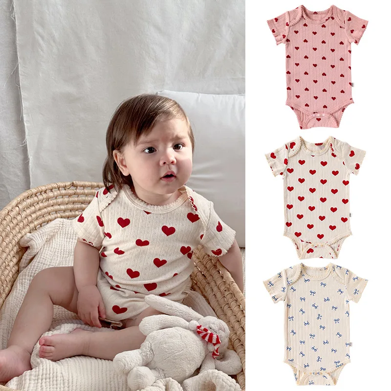 Somenie Girls' Baby Summer Triangle Bodysuit Thin Cloth  Pure Cotton   Boys' Adorable Heart-print Romper Infant Outerwear Trends