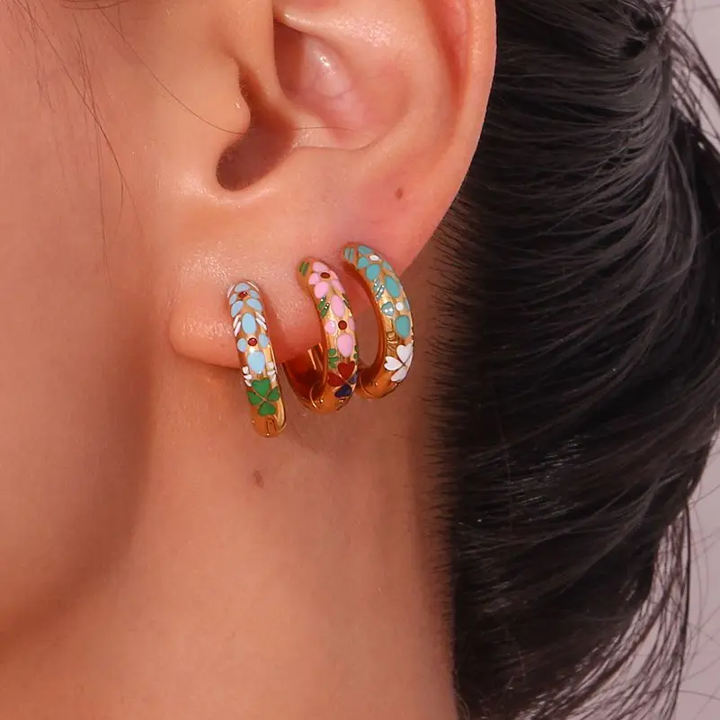 E.B.belle Colorful Enamel Clover Flower Hoop Earrings 316L Stainless Steel Fashion 18K Gold Plated Earrings for Women Jewelry