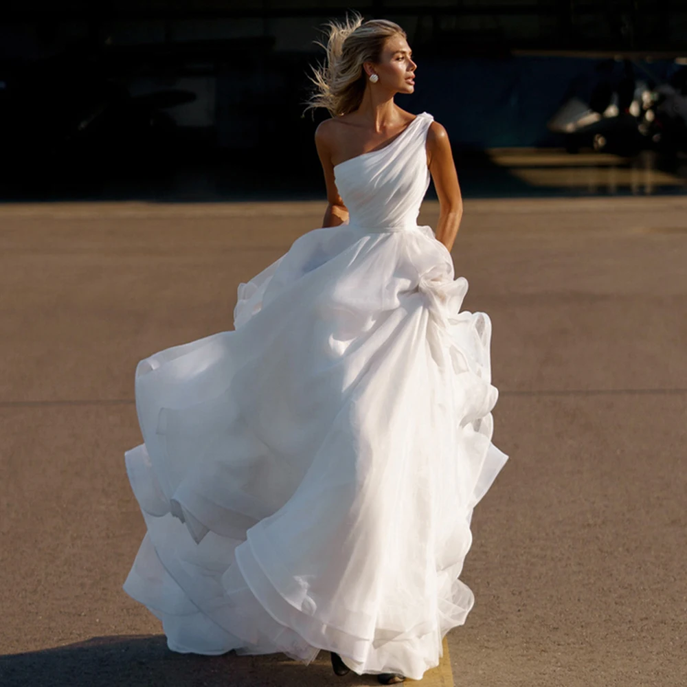 Robe De Mariée en Organza, Vintage, asymétrique épaule dénudée, sans manches, plissée, ligne a, longueur au sol, haute qualité