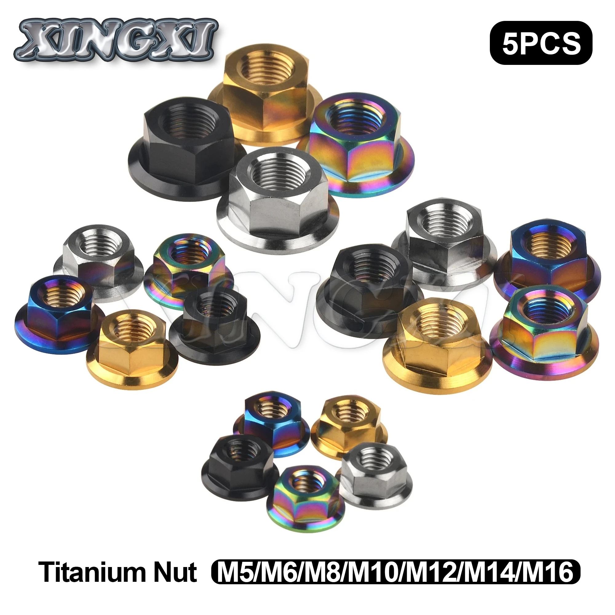 Xingxi 5Pcs Titanium Nuts Ti M5 M6 M8 M10 M12 M14 M16 Flange Nut Screws Bolts for Motorcycle Bicycle Bike