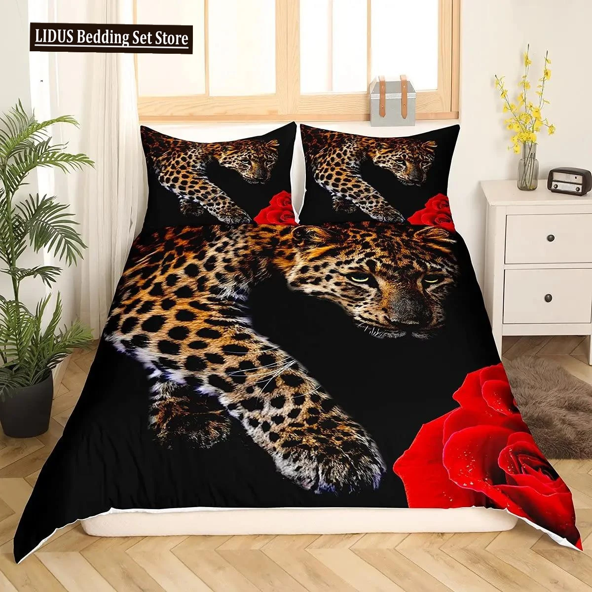 

Leopard Comforter Cover King Queen Full Cheetah Bedding Set African Savanna Animal Duvet Cover Rose Flower Polyester Quilt Cover