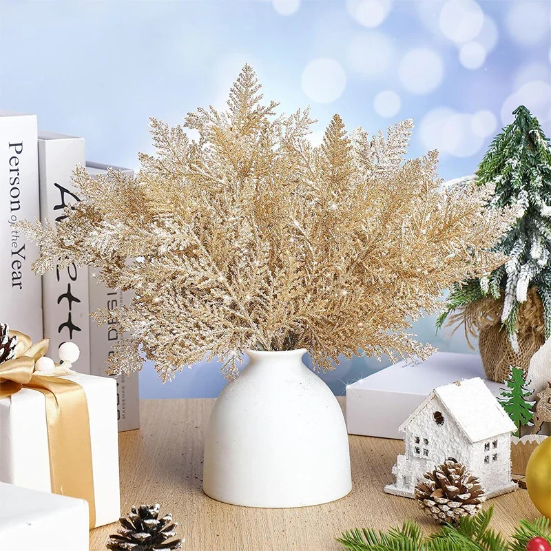 Glitzernde Künstliche Kiefernnadel-Zweige 5/10 Stück Weihnachtsbaum-Kranz DIY Blattwerk-Stiele Heim-Party Weihnachtsgirlande Deko-Ornamente – Detail 6