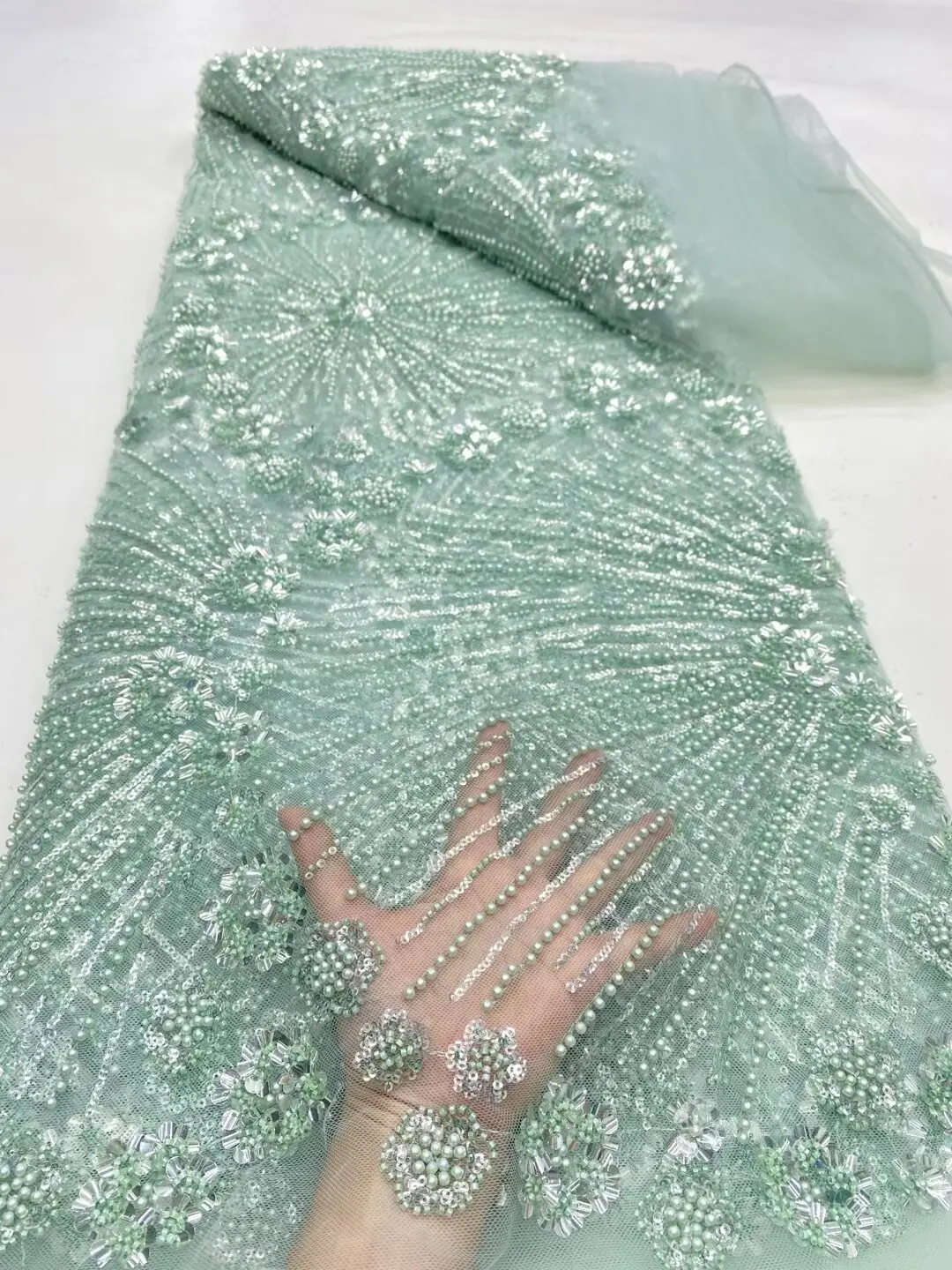 

(5yards/pc) High quality mint green African beads sequins net lace fabric embroidered French lace for party dress FDP127