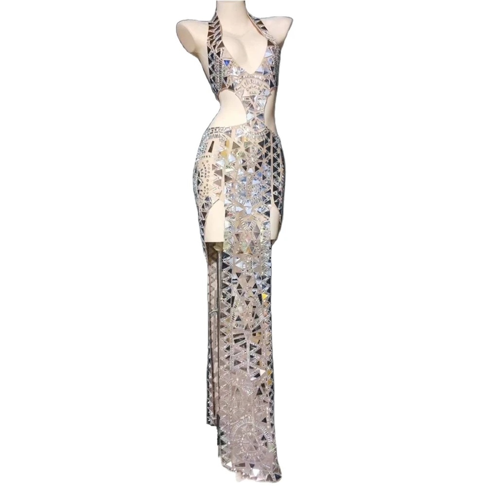 

Women's V-Neck Halter Backless Mirror Sequin Dress Sexy Hollow out Nightclub Party Stage Costume Bar Wear