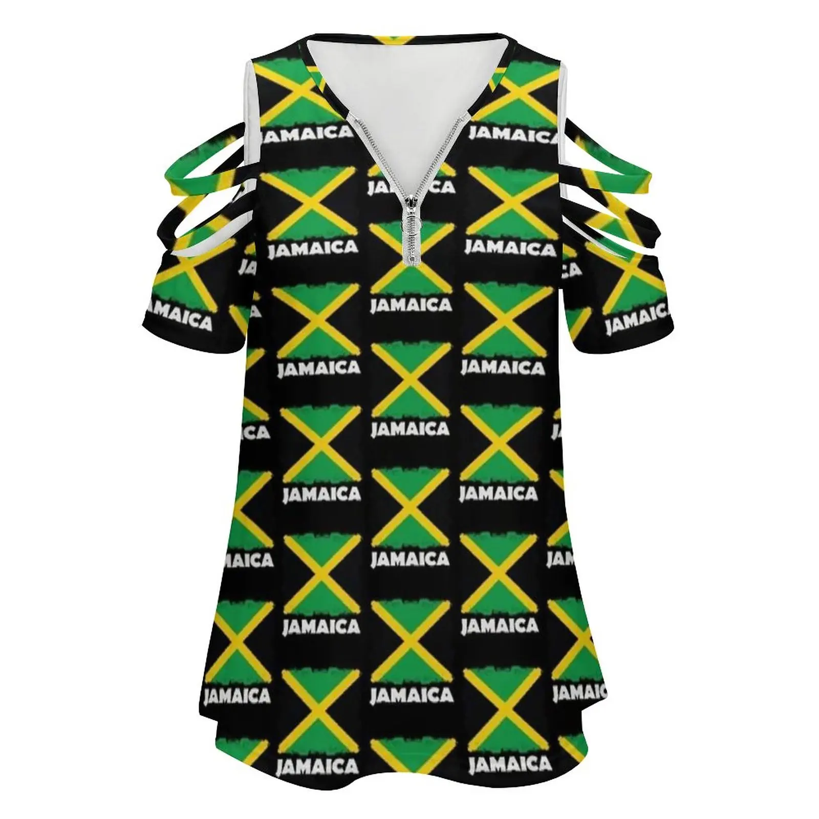 Jamaica National Flag Distress Women Zipper Various styles Printed T Shirts Tops Full Print T-Shirt Jamaican Flag Distress Love