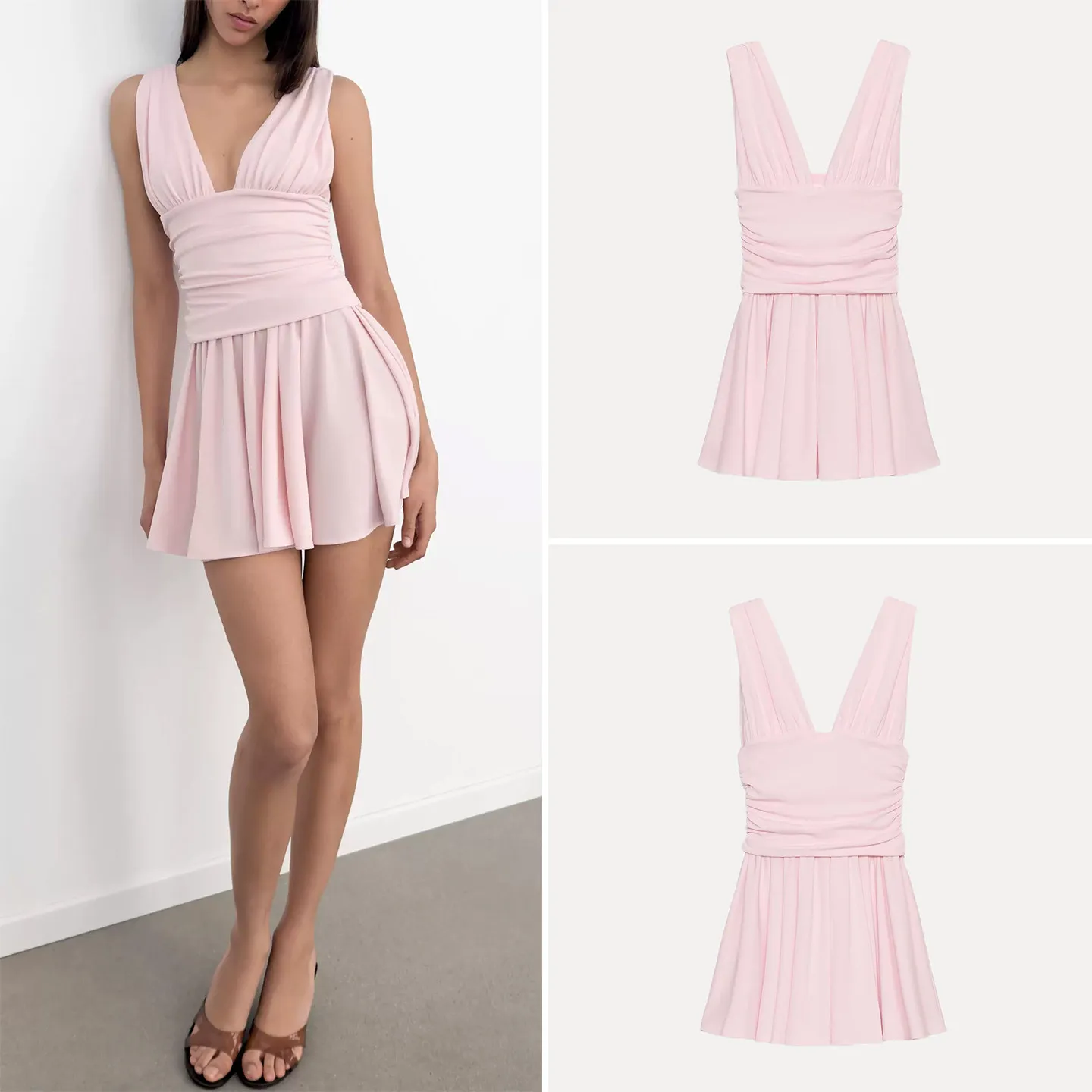 

Fashionable Sleeveless V-Neck Pleated Dress Women's Summer New Arrival Dress Casual Daily Commute Style A-Line Skirt