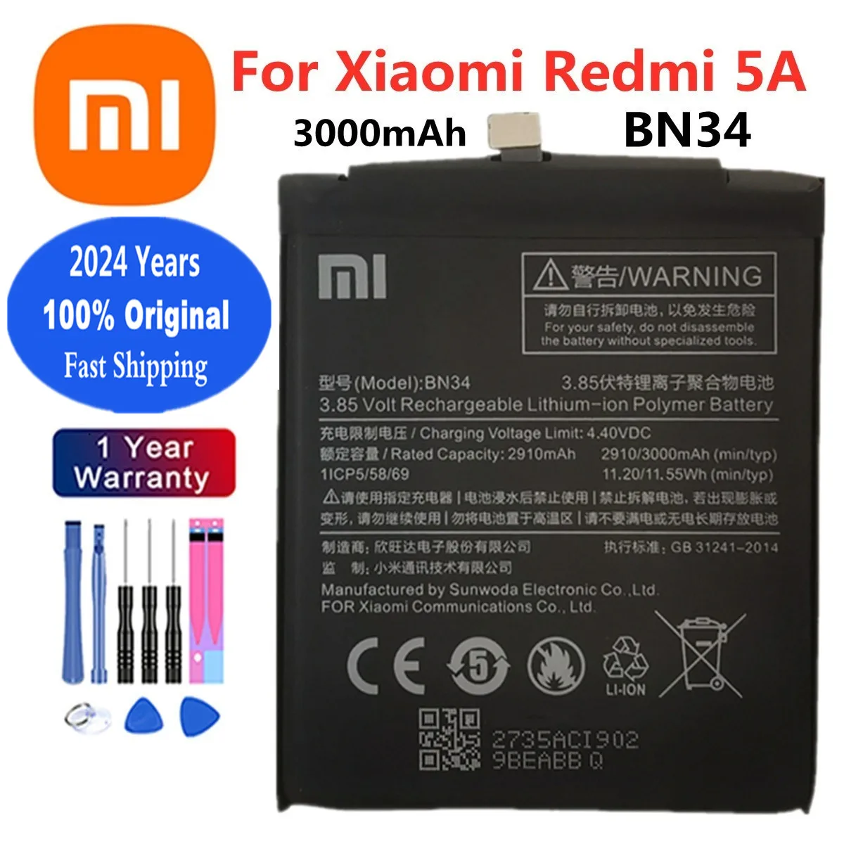 

2024 Years 3000mAh BN34 Orginal Battery For Xiaomi Redmi 5A High Quality Phone Replacement Batteries Bateria Fast Deliver