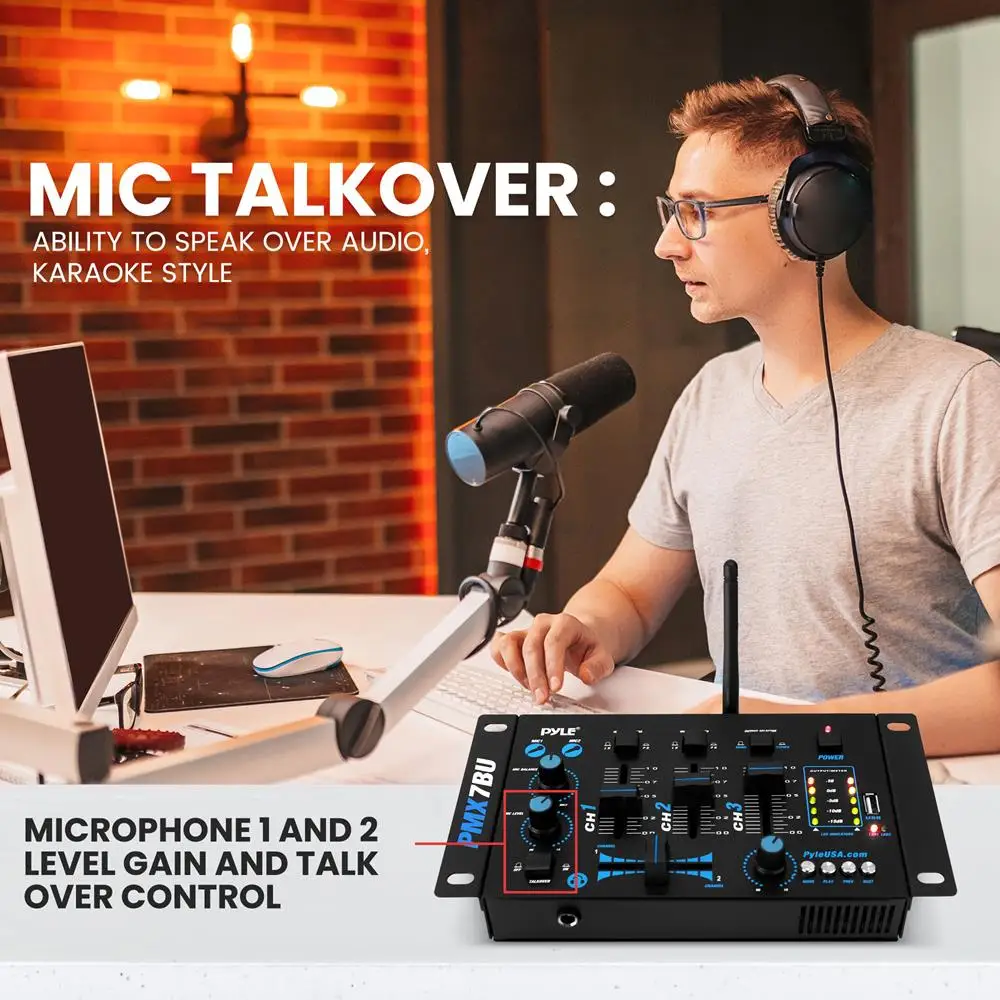 خلاط صوت DJ لاسلكي ذو 3 قنوات، بلوتوث، قارئ USB، مدخل RCA Phono، مدخل ميكروفون، مقبس سماعة الرأس، أسود