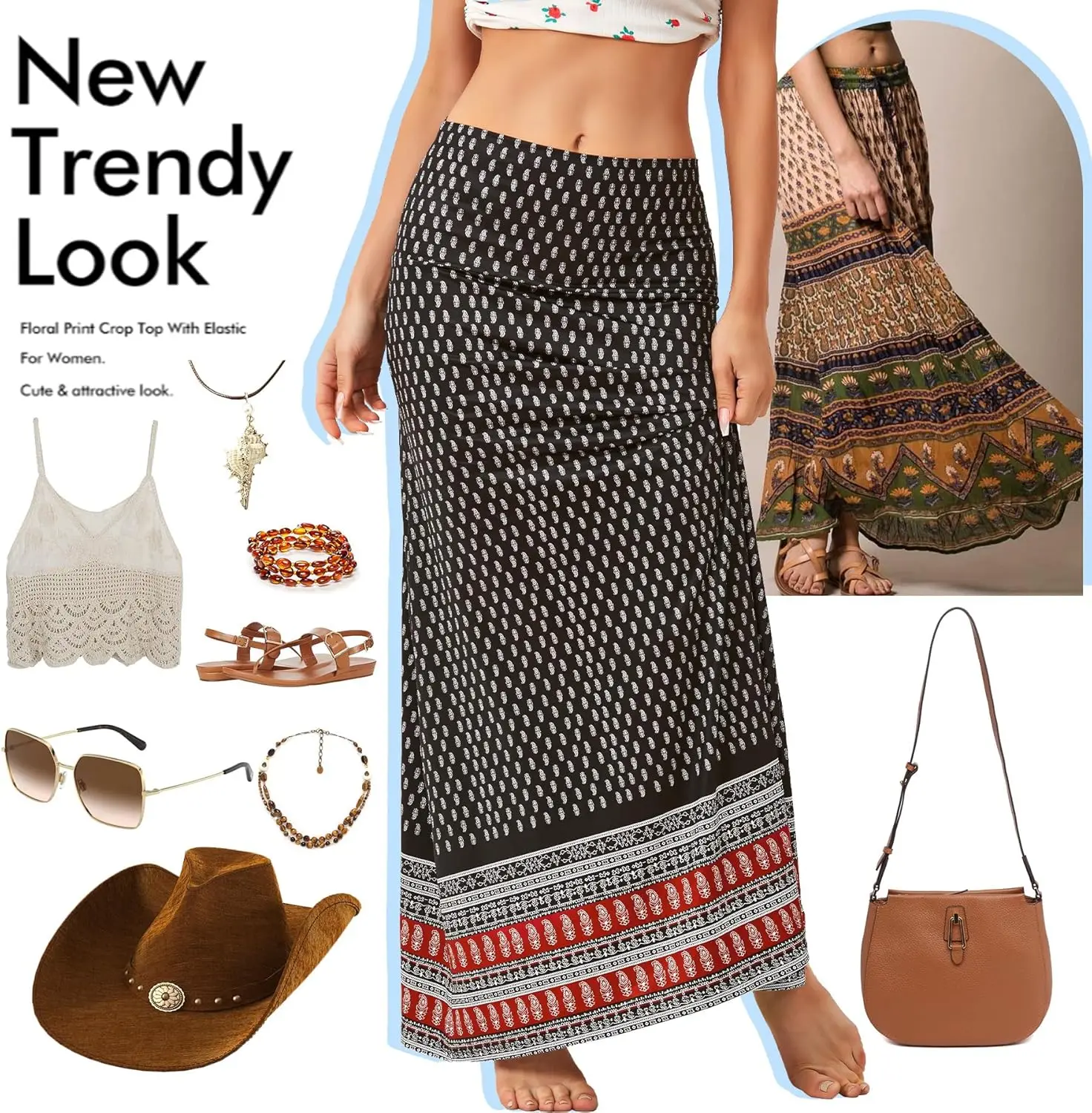 Luxy Trio Gonne lunghe da donna Abiti alla moda Gonna lunga a vita alta Gonna casual svasata elastica a fiori per ragazze