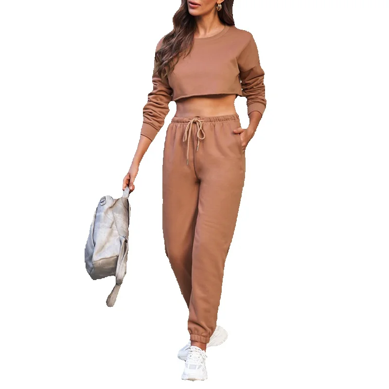 

Autumn Navel Exposed Casual Set For Women's New Solid Color Long Sleeved Cropped Pants 2-Piece 2611259