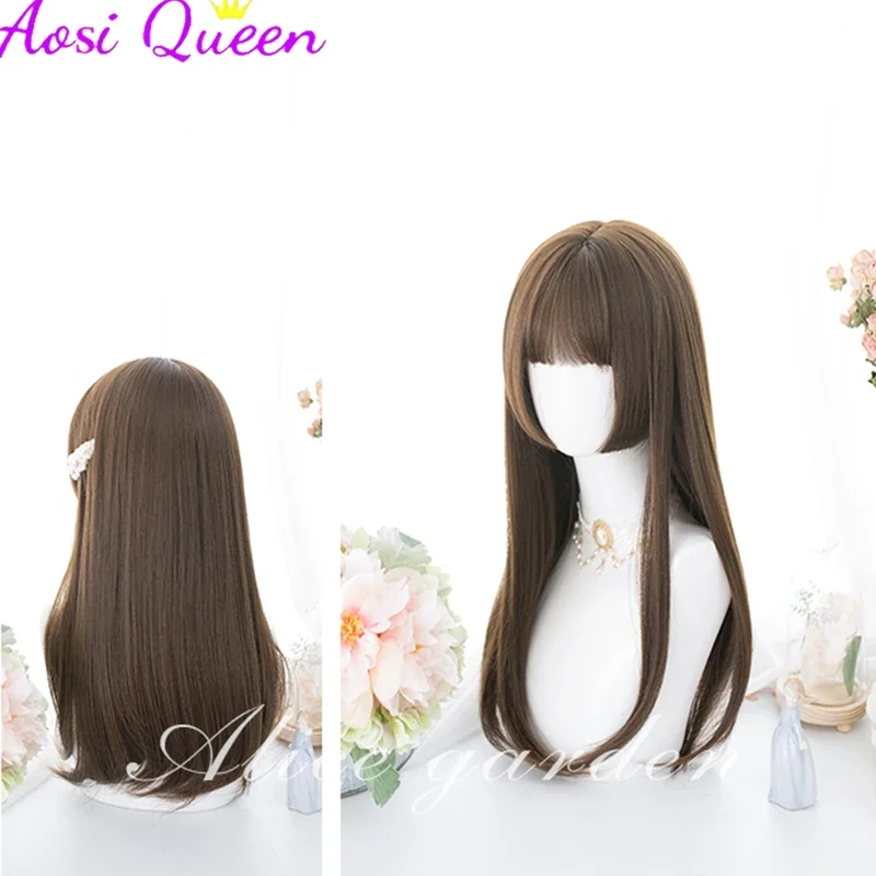 AS-pelucas largas y rectas con flequillo para mujer, peluca completa sintética resistente al calor, negra y marrón, pelucas favoritas afroamericanas