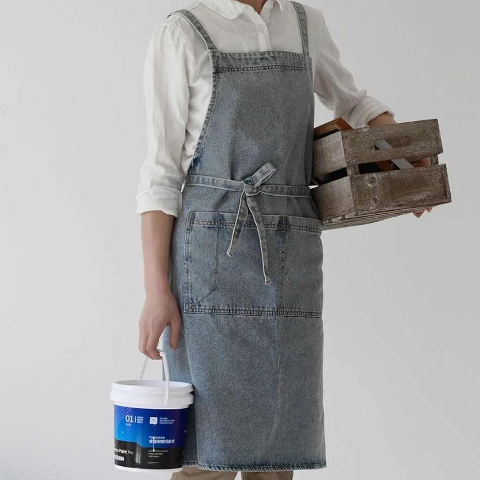

Маслостойкий женский джинсовый фартук для отдыха, мытый джинсовый рекламный фартук для чистки, утолщенный унисекс, парикмахерская рабочая одежда, живопись