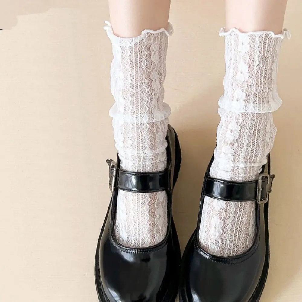 Casual Breathable Elastic Mesh Transparent Thin Wearproof Flower Print Hosiery Women Translucent Socks Korean Lace Socks Cotton