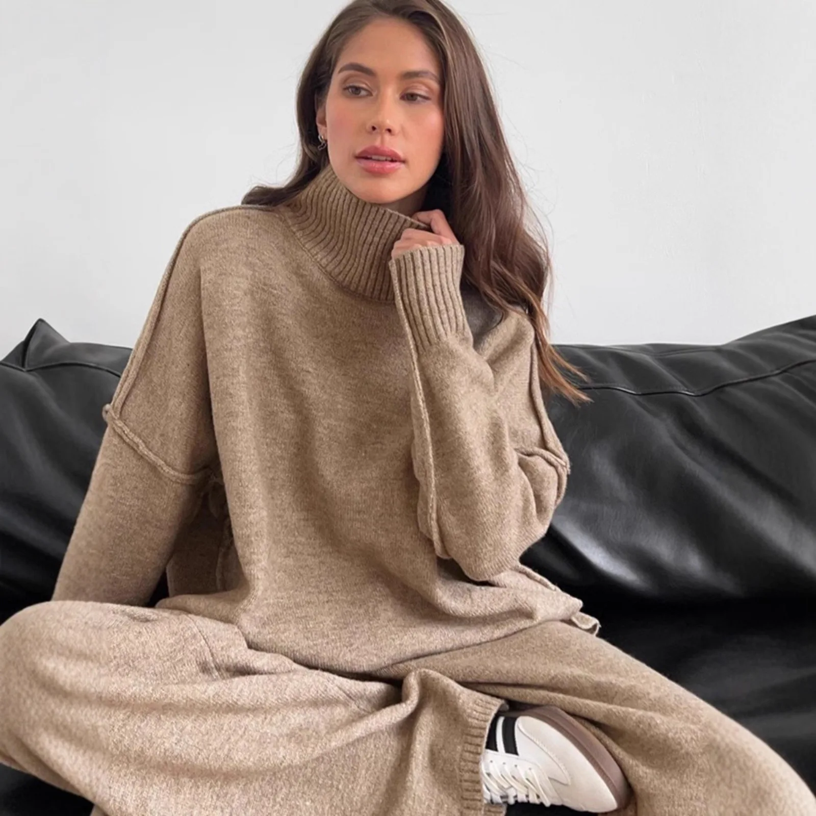 Women's Fall/Winter New Knit Set Women's Thickened Oversized Turtleneck Sweater & Wide-Leg Pants Two-Piece Set