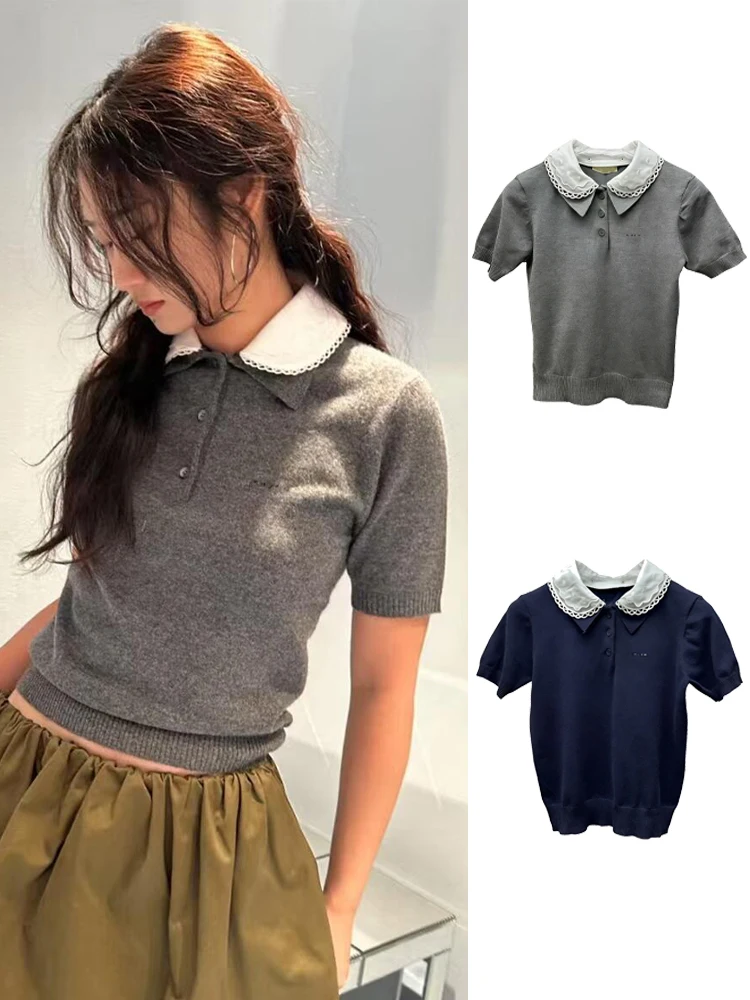 

2026 New High Version Doll Collar Embroidered Knitted Sweater T-Shirt Soft Korean Style Slim Fit Short Sleeve Women's Top