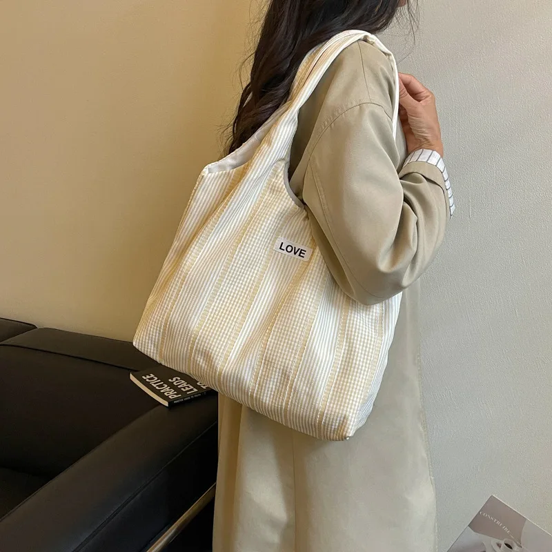 Women's Lightweight Canvas Shoulder Bag with Checkered Pattern and LOVE Patch Large Capacity Tote for School Travel