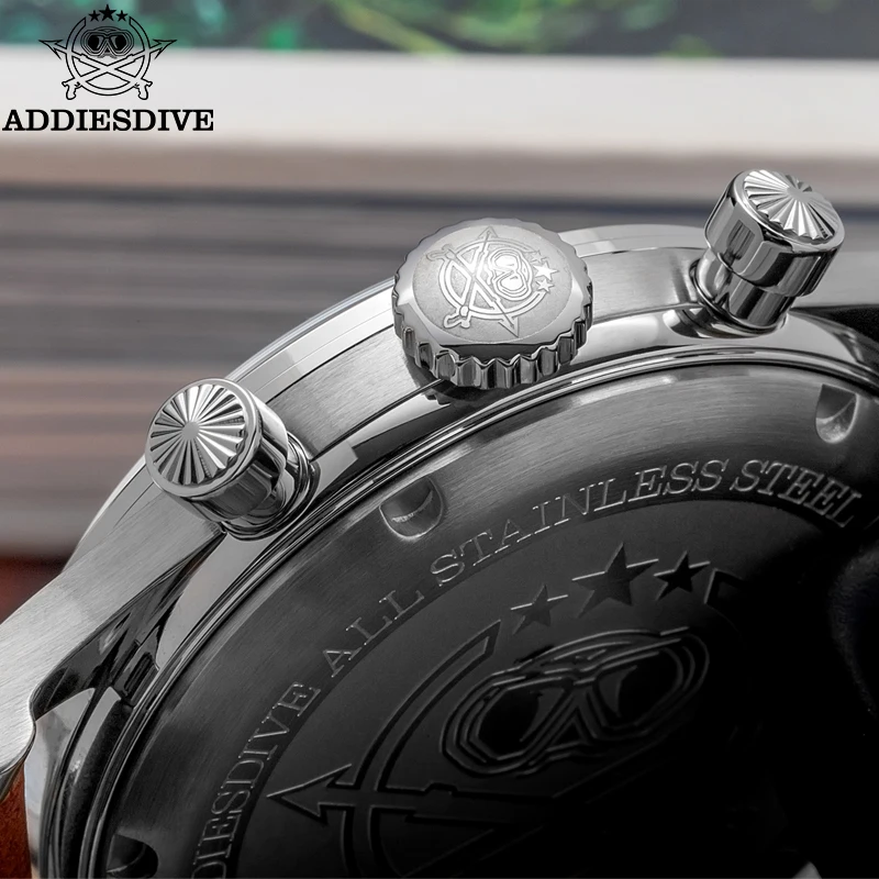 Jam Tangan ADDIESDIVE untuk Pria 38mm VK64 Jam Tangan Kuarsa Kronograf Multifungsi Kulit Retro 100M Tahan Air Relojo Masculino