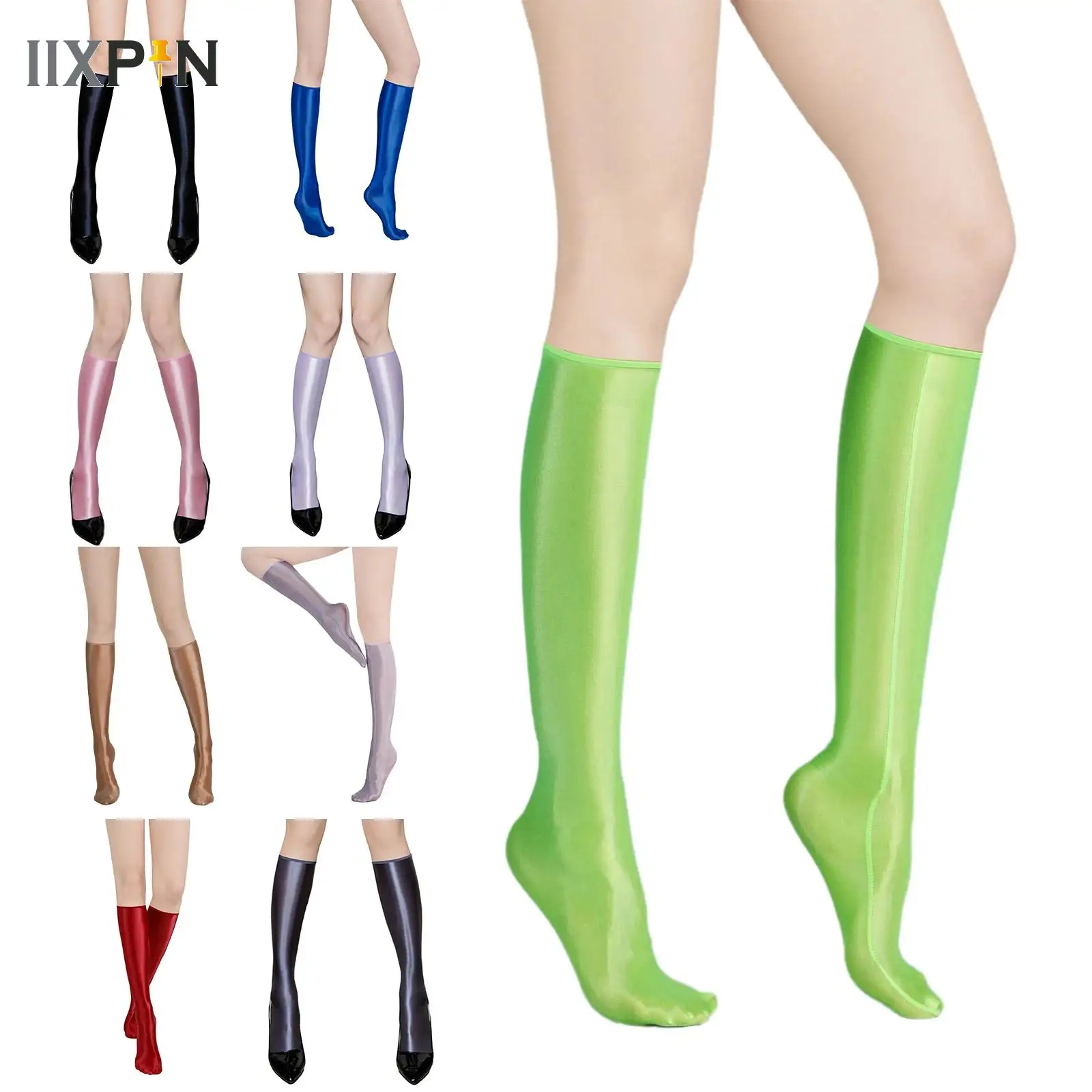 

1 Pair Glossy Oil Bright Stocking Knee High Stretch Nylon Stockings for Women Halloween Costume Cosplay Props