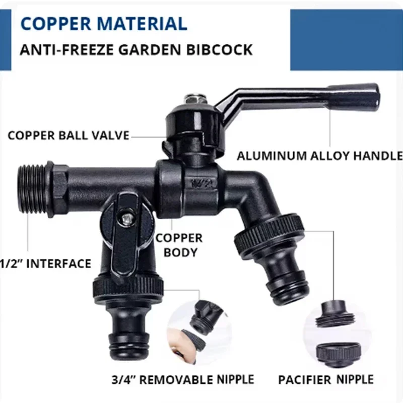 

Outdoor Garden Brass Water Faucet Tap Anti-Freeze Bibcocks for Washing Machine with Hose Connector Dual Outlet