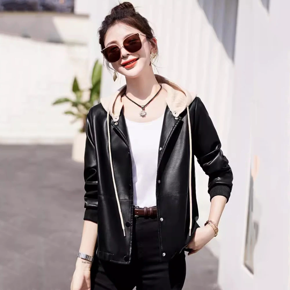 

New Women Spring Autumn Hooded Leather Jacket Fashion Detachable Hood Single Breasted Sheepskin Jacket Casual Split Leather Coat