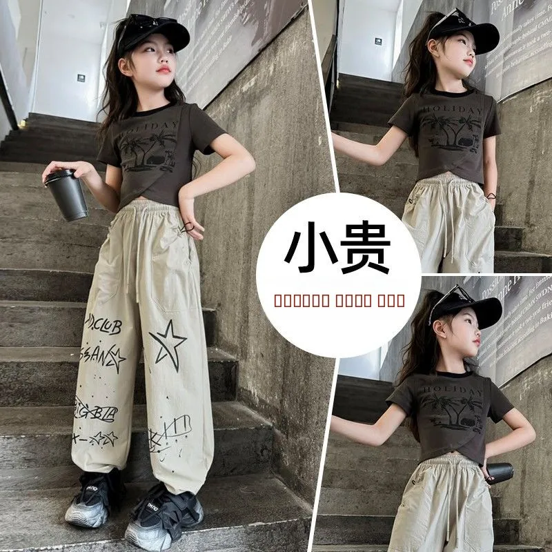 

Новые летние длинные брюки для девочек, повседневные спортивные американские уличные брюки для спецодежды для средних и больших девочек