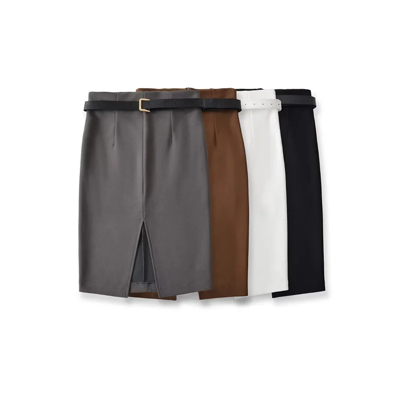 

Busin Suit Sle Юбка-миди с высокой талией и разрезом из полиэфирной ткани Женские модные летние трендовые юбки с поясом