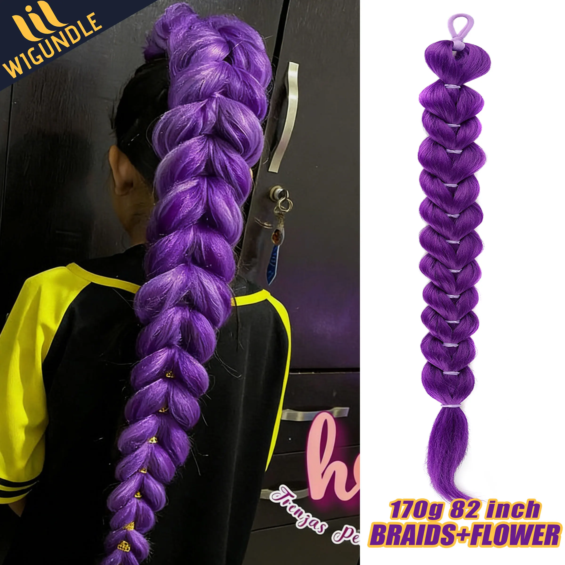 RU MI COS Purple Hair Braids Ponytail Synthetic Braids Hairstyle Long Ponytail with Clips for Kids Girls Halloween Christmas