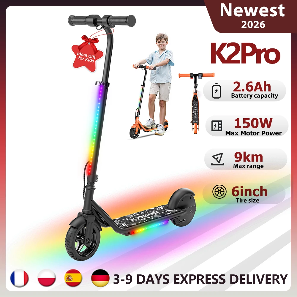 Trottinette électrique pour enfants K2Pro, moteur 150W, pneus de 6 pouces, batterie 18V, vitesse maximale 16km, portée 6-9km, Orange, noir, 3 vitesses avec LED