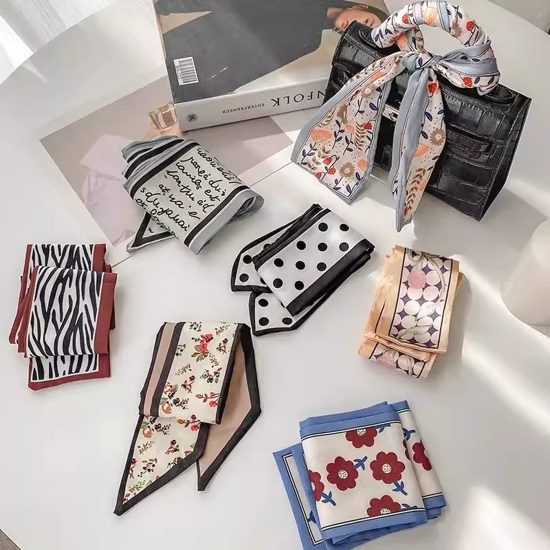 

Delicate Tulip Print Silk Scarf with Ribbon Tie for Hair, Handbag Handle Decorations, Versatile Korean-Style Neckpiece