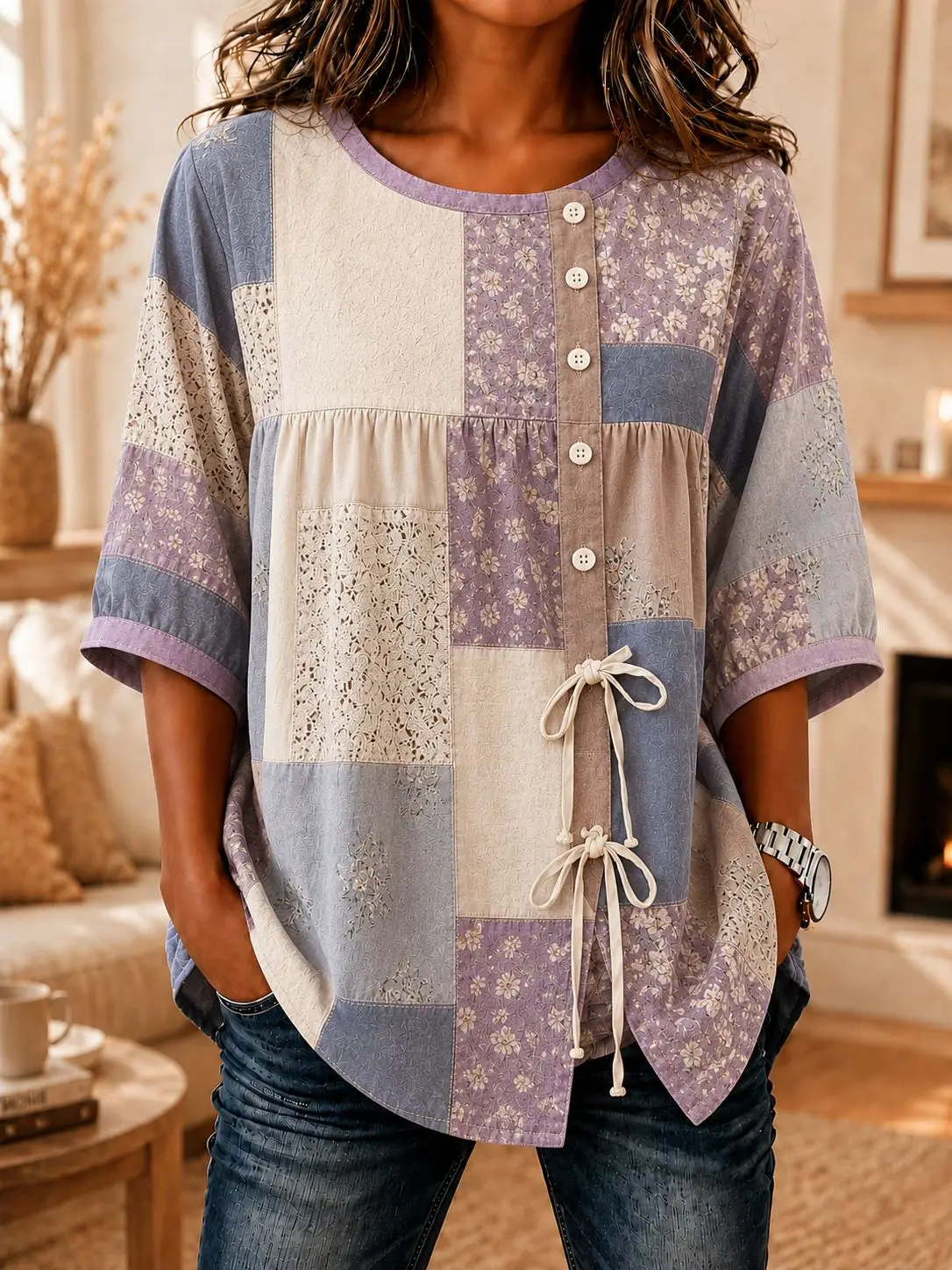 

Women's Lavender Patchwork Floral & Lace Drawstring Button Up Blouse, Casual Round Neck Tops for Spring Summer Daily Wear