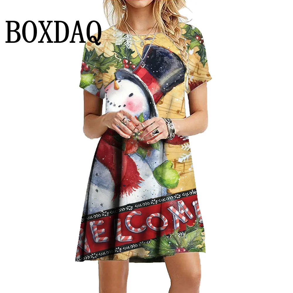 Funny Women Party Christmas Snowman Dress 2024 New Fashion Cute Christmas Style Loose Dress Sweet Casual Short Sleeve Mini Dress