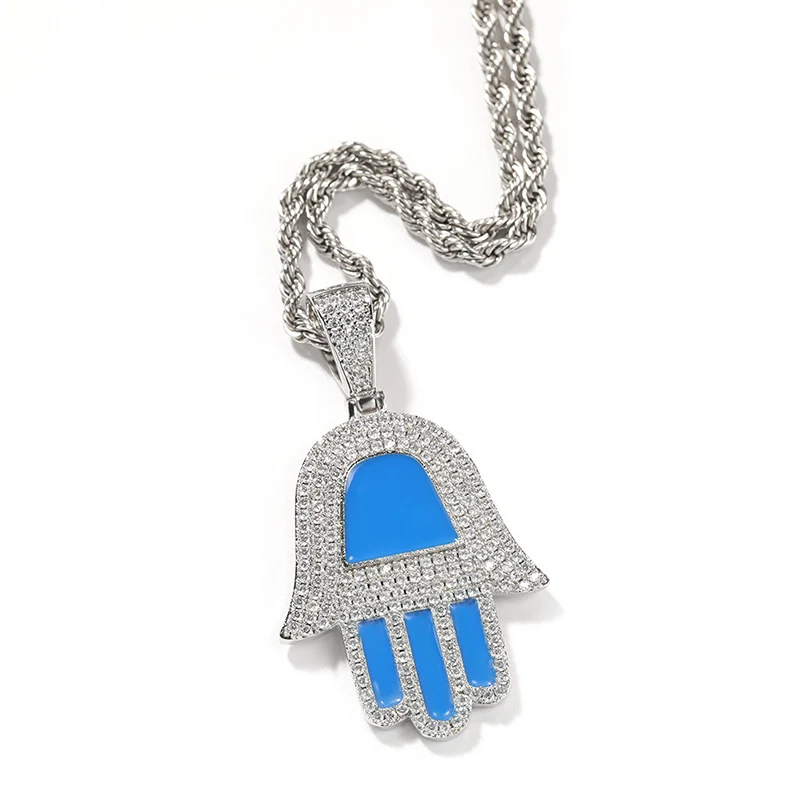 Hip Hop Micro Paved 3A+ Cubic Zirconia Bling Iced Out Blue Dripping oil Fatima Hand Pendants Necklaces for Men Rapper Jewelry