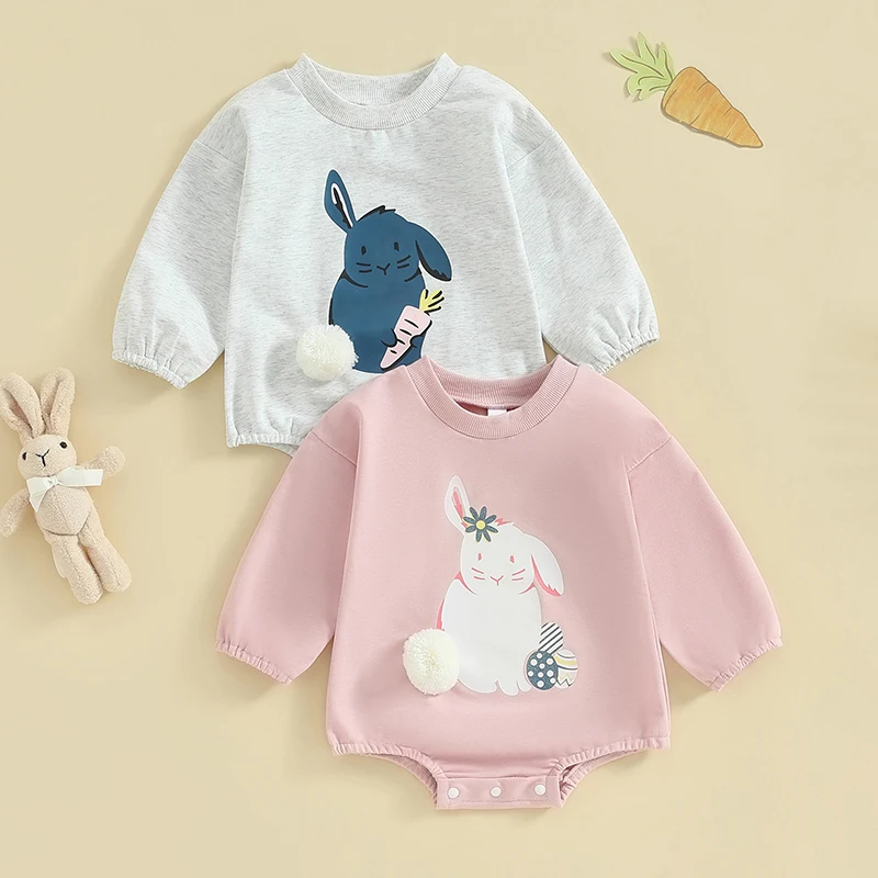 

Infant Baby Girls Boys Easter Clothes Long Sleeve Easter Rabbit Print Pullover Crewneck Oversized Bodysuit