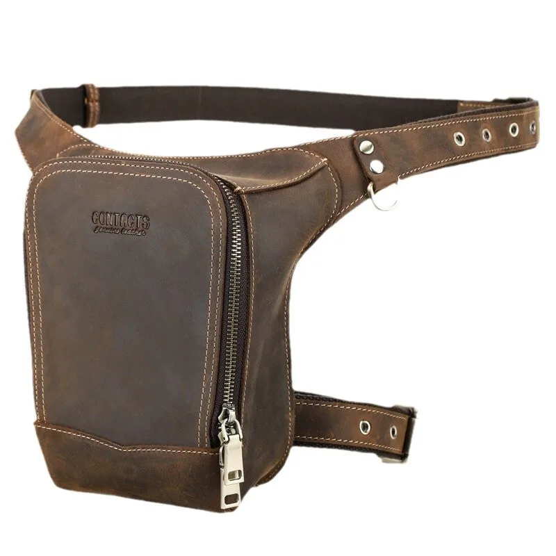 Fashion British Style Top Layer Cowhide Men's Outdoor Mountaineering Multi Functional Leather Motorcycle Waist Mobile Phone Bags