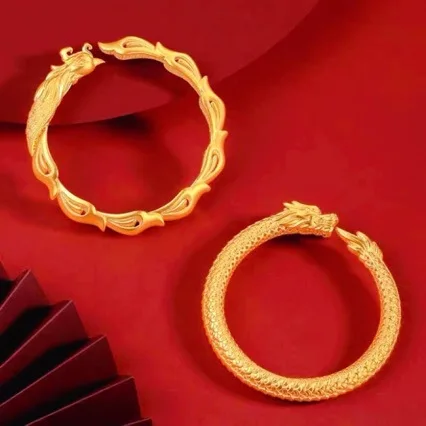 

New AU999 gold dragon and phoenix bracelet for women 24K pure gold open bracelet classic temperament jewelry for wife